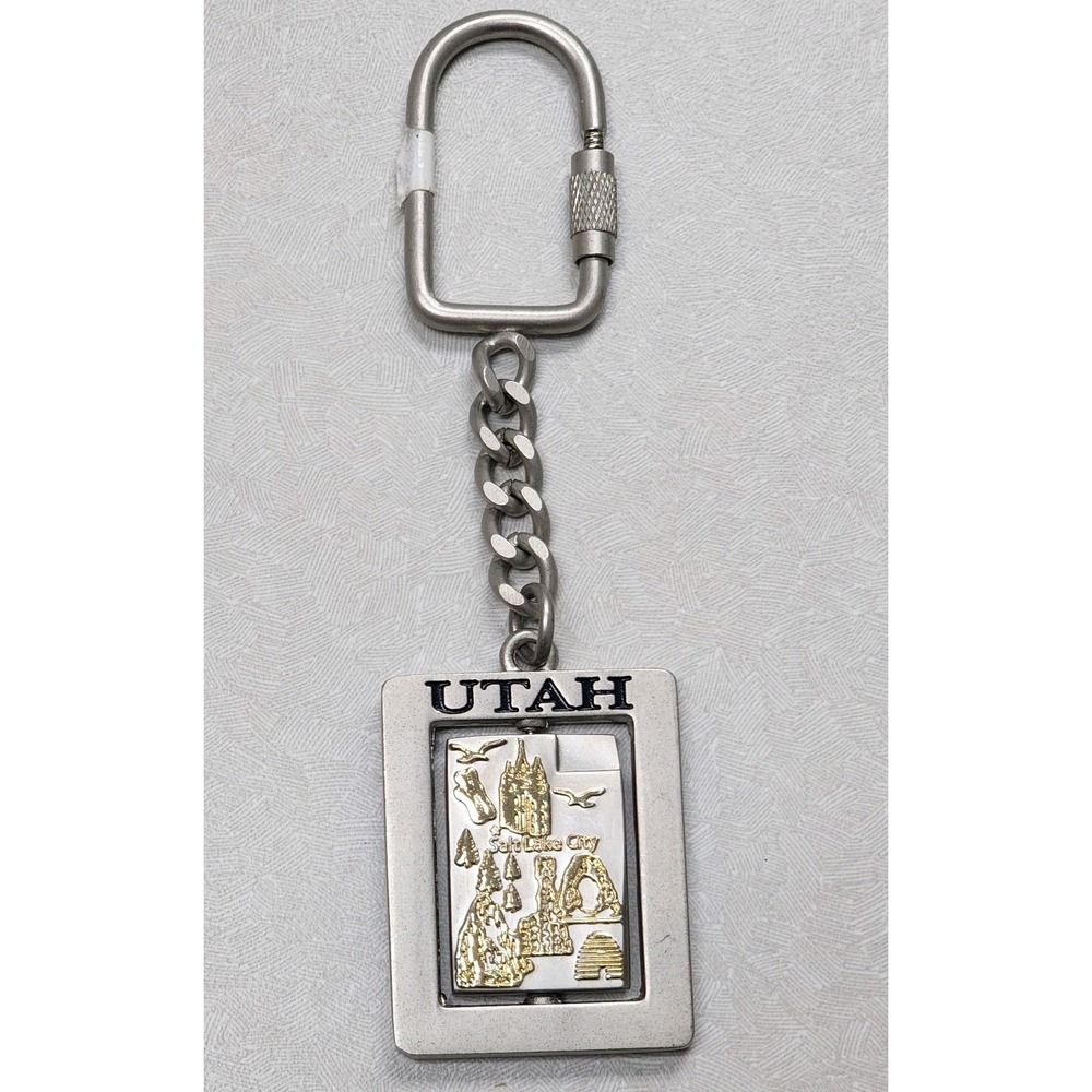 Vintage Salt Lake City Utah UT Spinning Keychain Center Collectible Silver Gold